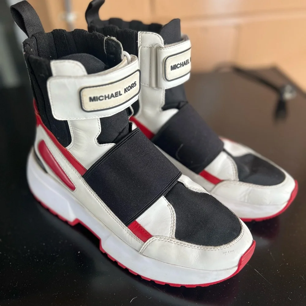 Michael Kors Black and White High-Top Sneakers with Red Accents - Picture 1 of 16
